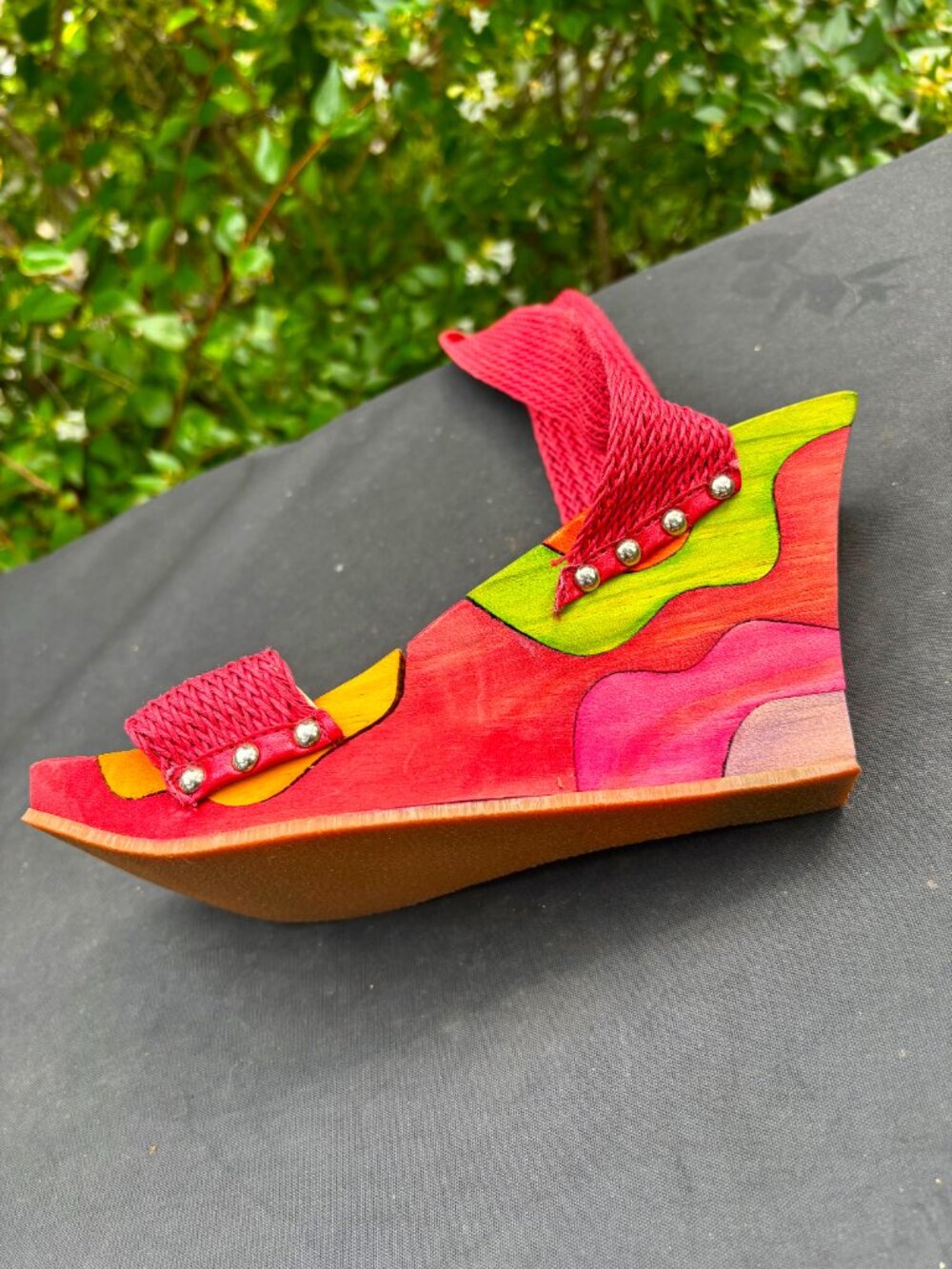 Paloma Barcelo Colorful Wood Wedge Sandals with Ballet Strap Ties Size 7 - Picture 4 of 10